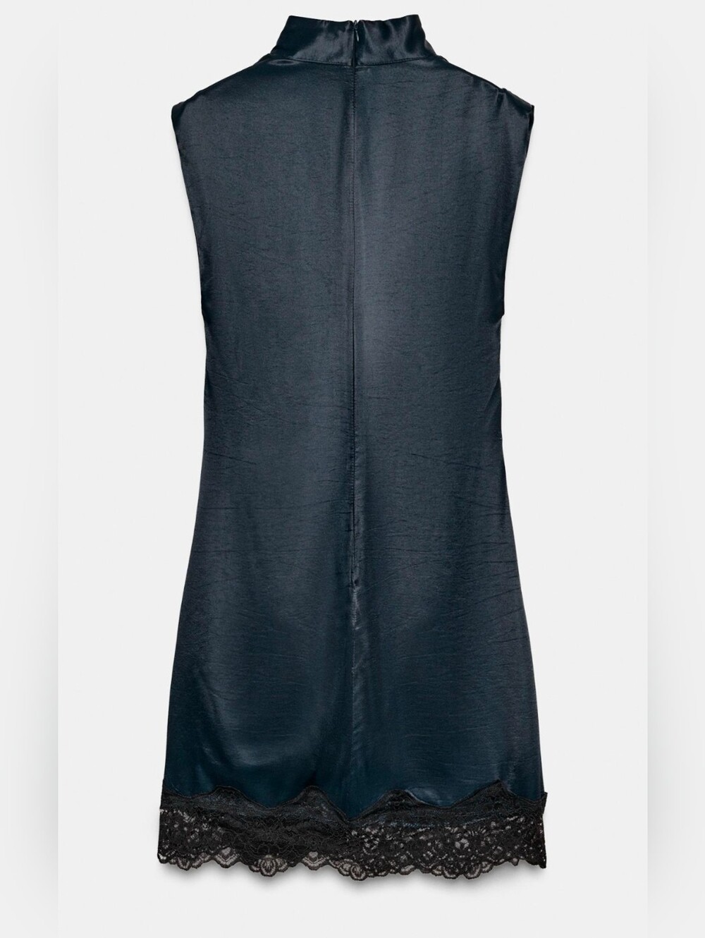 Zara Navy Blue Satin Viscose Lace Mini Dress Mock Neck Size S NWT - Picture 4 of 14